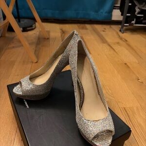 INC International Concepts Silver Glitter Peep-Toe Heels